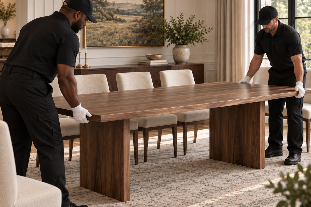 Two movers in black shirts and white gloves carefully position a large rectangular wooden dining table in a bright, elegant dining room with cream chairs, a chandelier, and a large window.