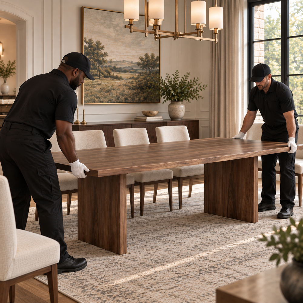 Two movers in black shirts and white gloves carefully position a large rectangular wooden dining table in a bright, elegant dining room with cream chairs, a chandelier, and a large window.