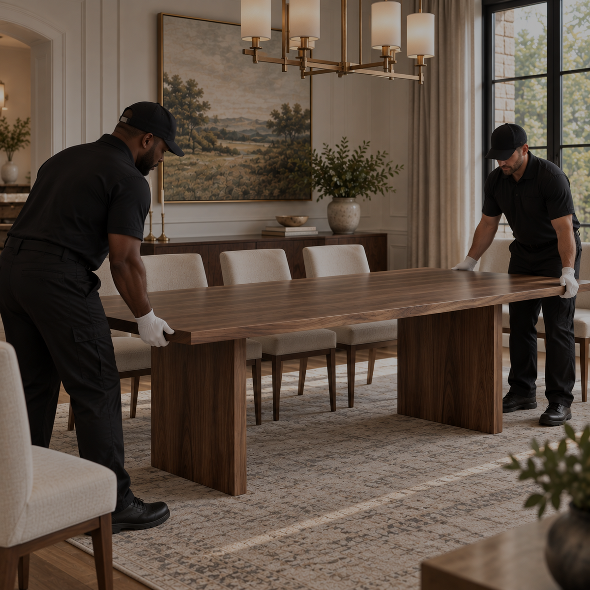 Two movers in black shirts and white gloves carefully position a large rectangular wooden dining table in a bright, elegant dining room with cream chairs, a chandelier, and a large window.