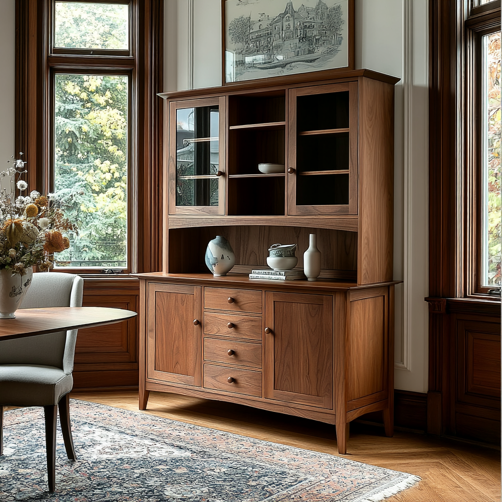 Wooden hutch with glass doors and shelves in a room with large windows.