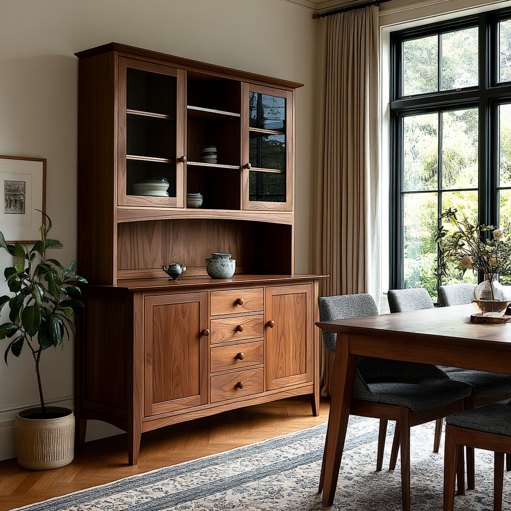 Wooden hutch in a room with a large window, chairs, and a plant.