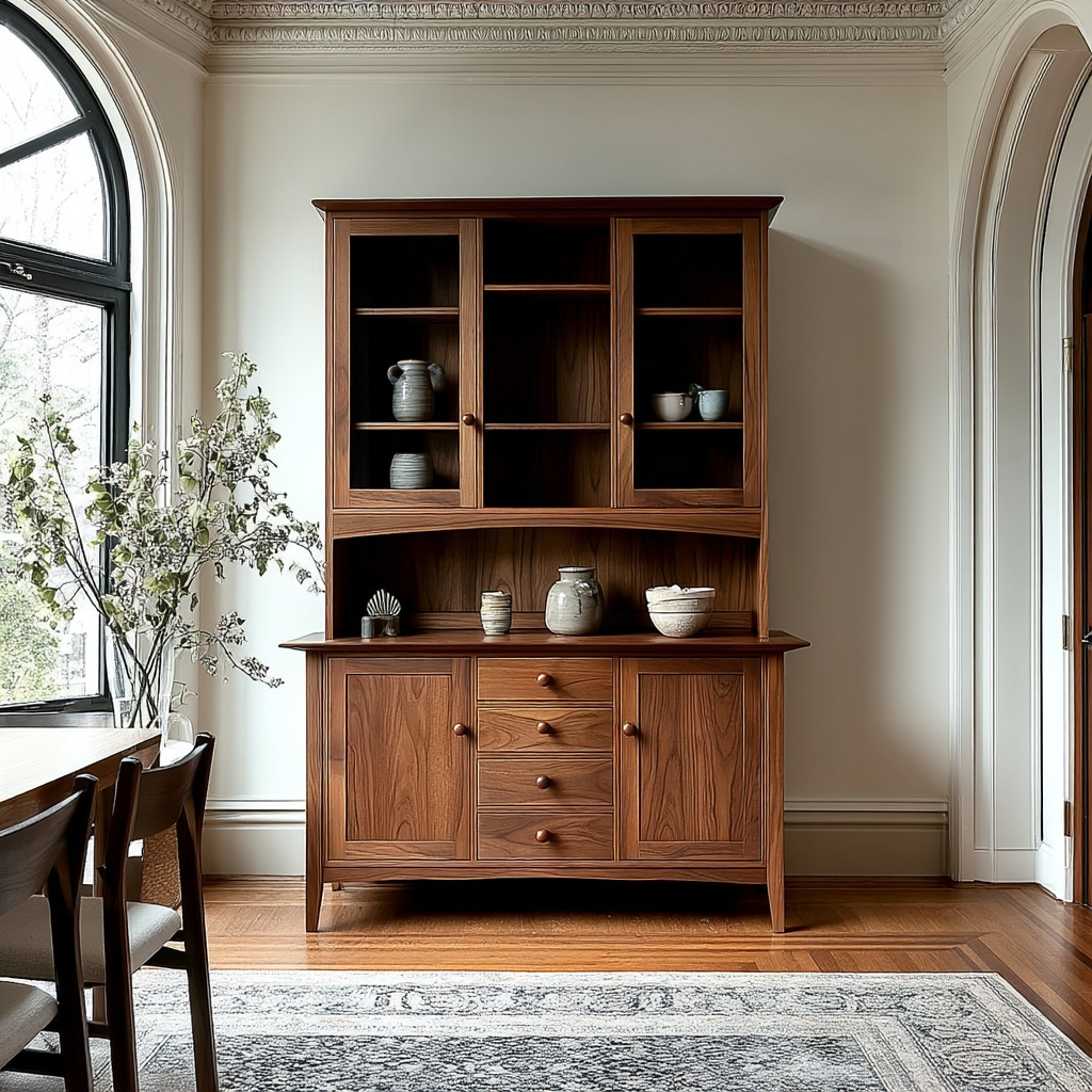 Wooden cabinet with shelves and drawers in a room with a large window and decorative rug.