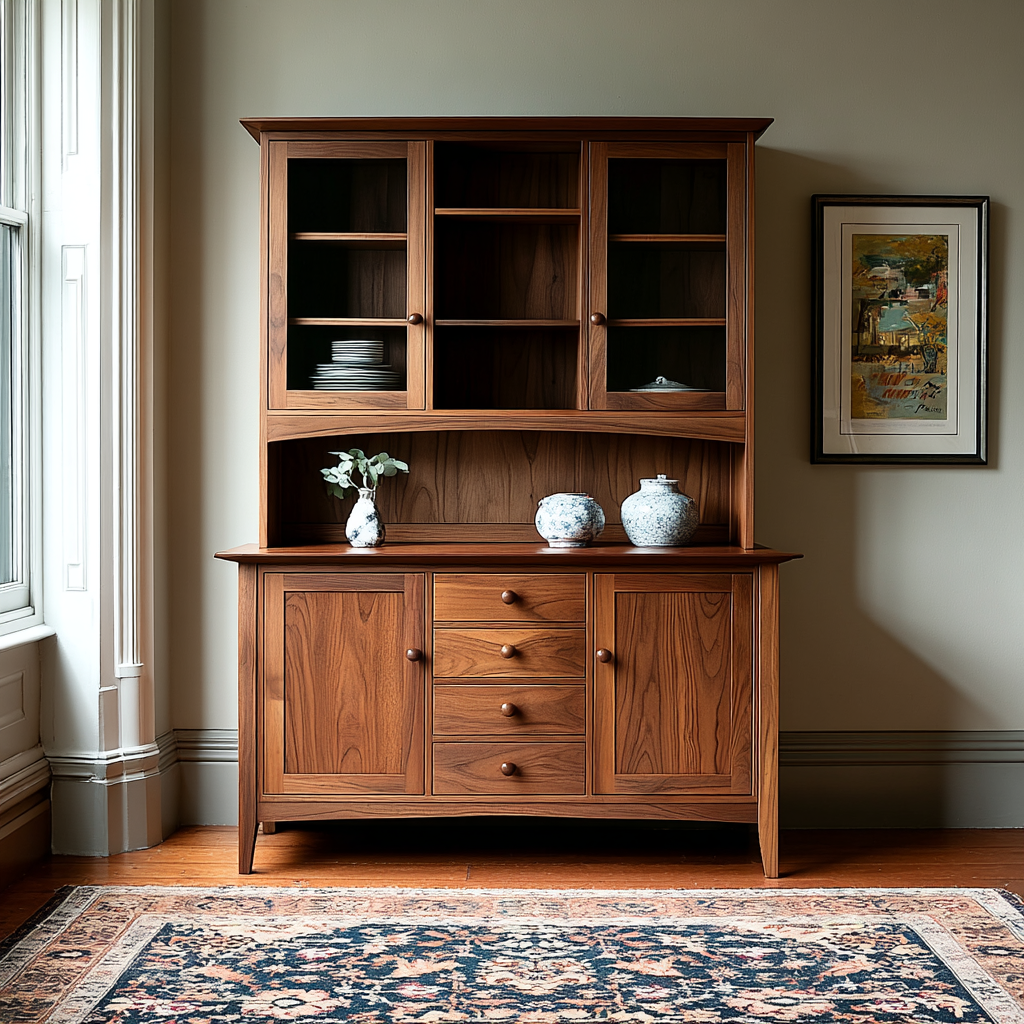 Wooden cabinet with shelves and drawers in a room with a painting on the wall.