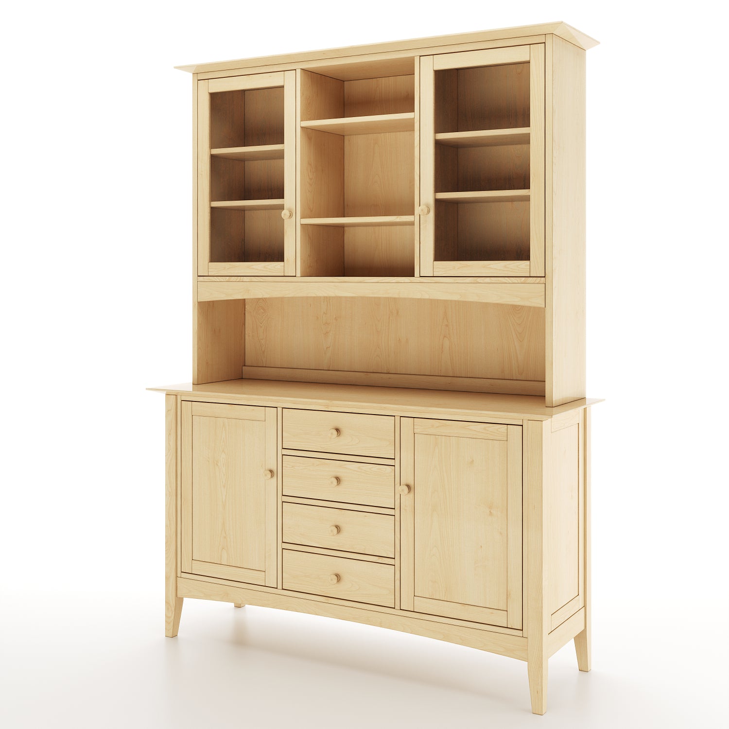 Angled view of a maple dining room buffet and hutch featuring 2 solid doors and 2 doors with windows, along with 4 drawers on a white background