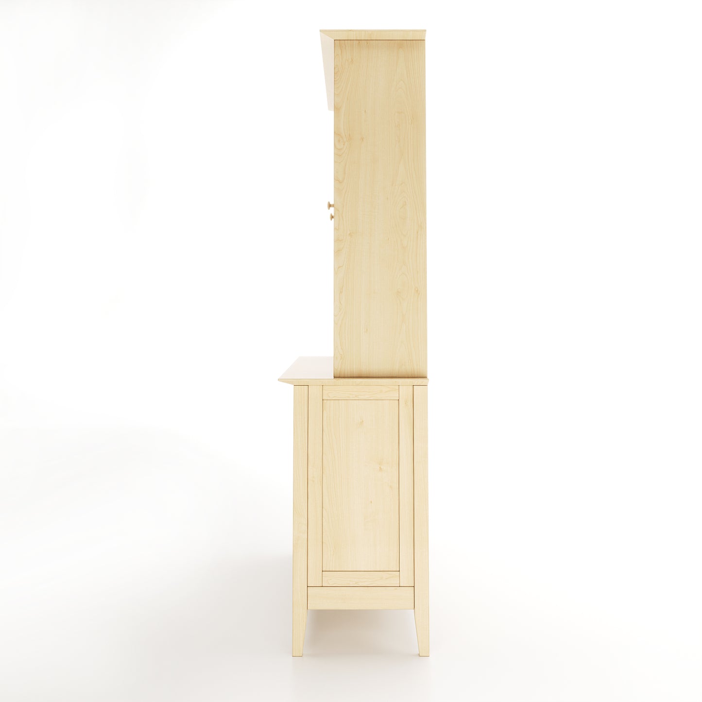 Side view of a maple dining room buffet and hutch featuring 2 solid doors and 2 doors with windows, along with 4 drawers on a white background