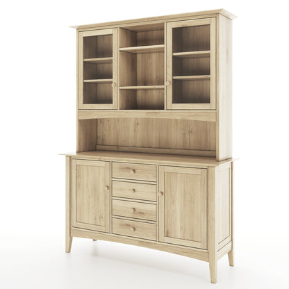 Angled view of an oak dining room buffet and hutch featuring 2 solid doors and 2 doors with windows, along with 4 drawers on a white background