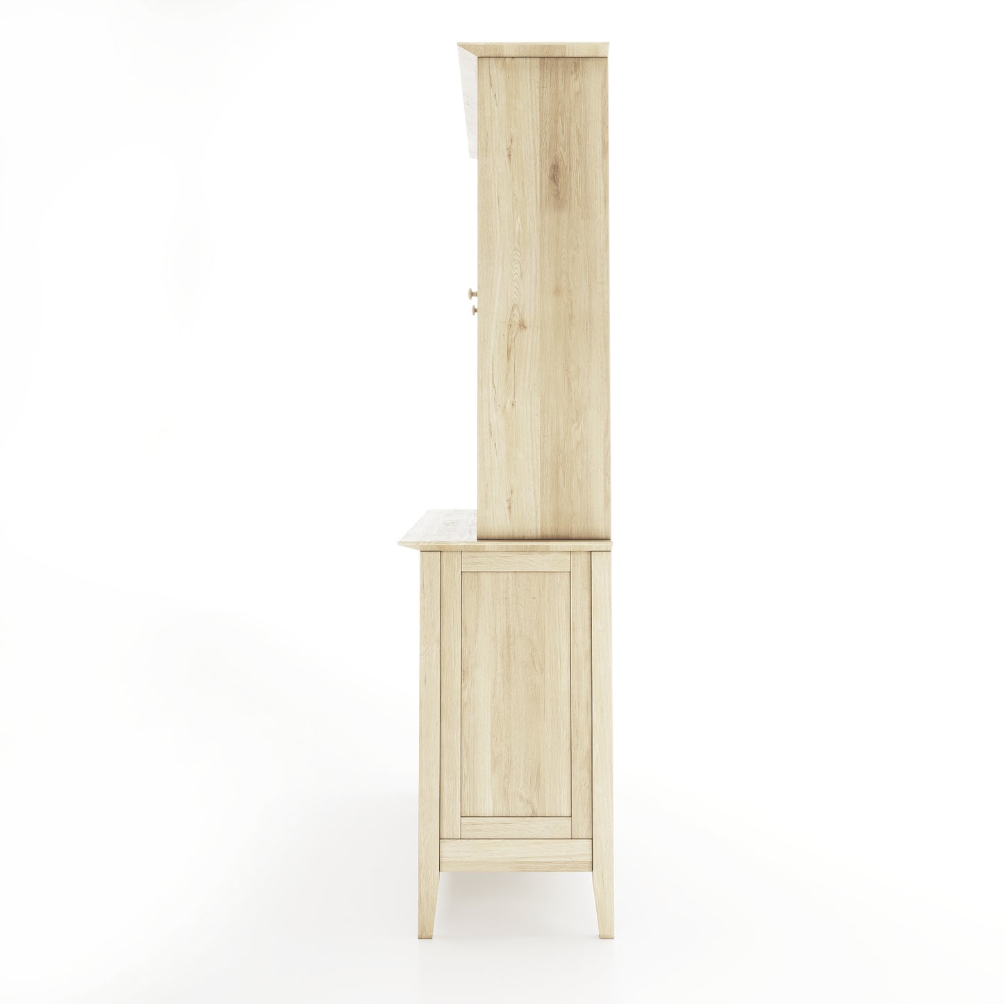 Side view of an oak dining room buffet and hutch featuring 2 solid doors and 2 doors with windows, along with 4 drawers on a white background