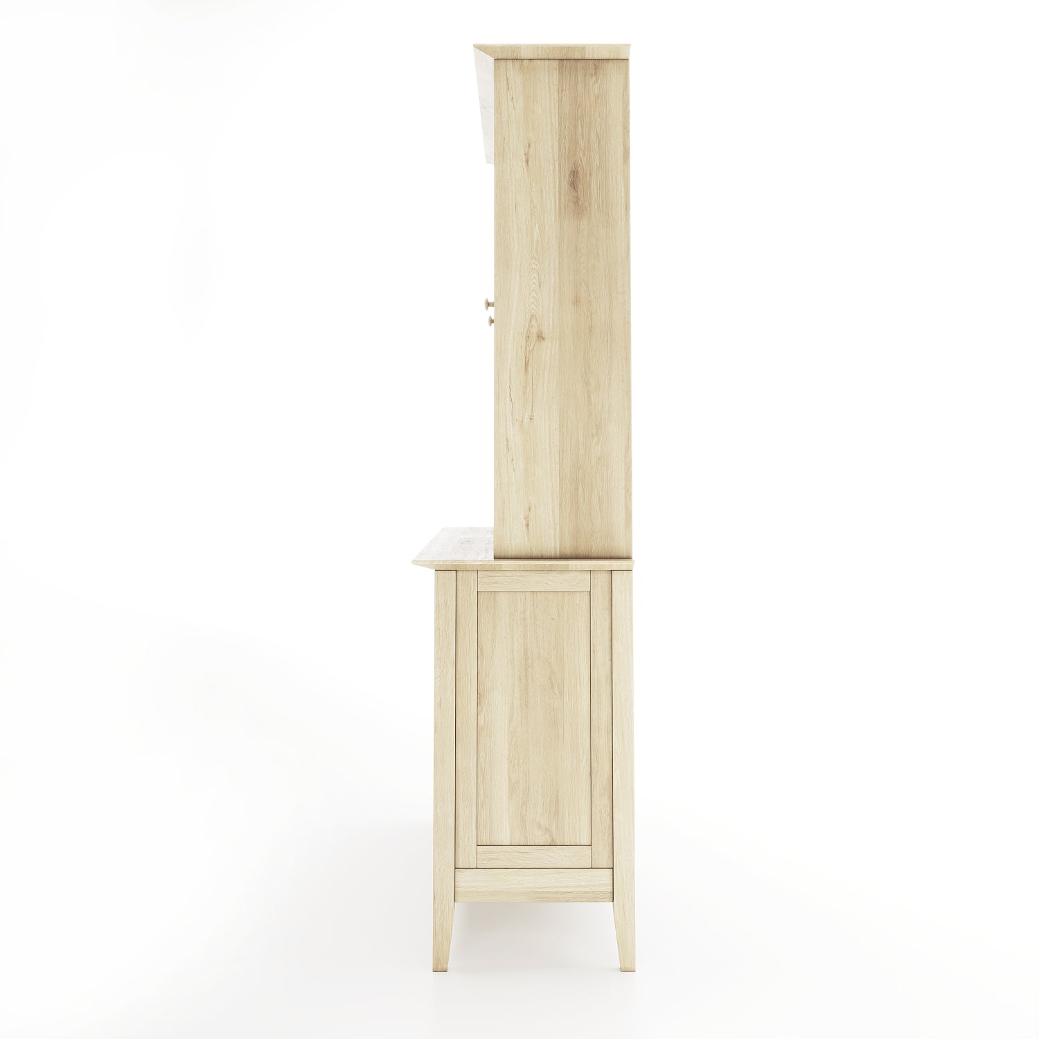 Side view of an oak dining room buffet and hutch featuring 2 solid doors and 2 doors with windows, along with 4 drawers on a white background