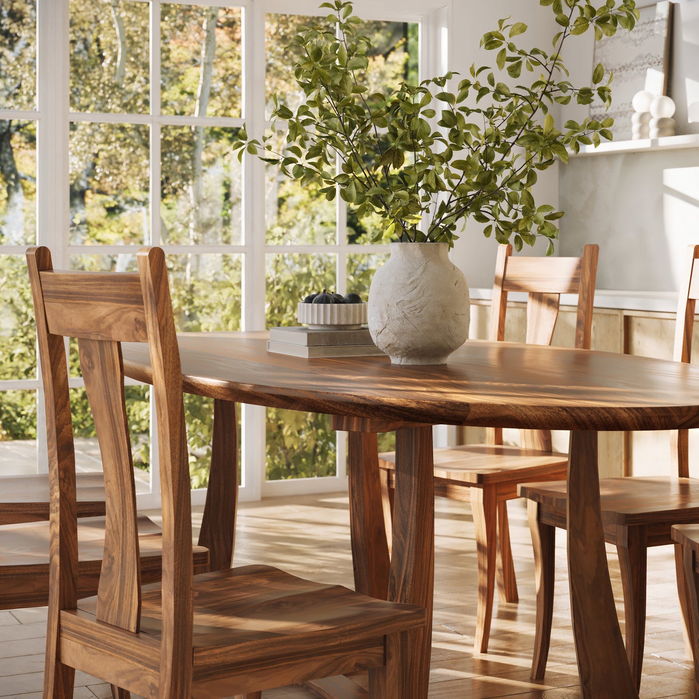 Corner view of a walnut oval dining table