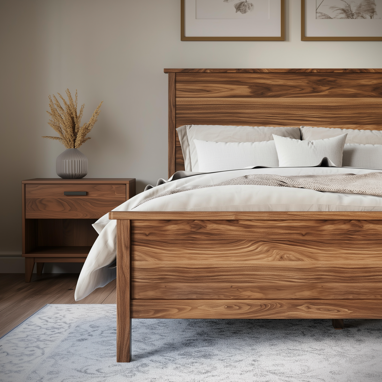 Wooden bed with matching nightstand in a bedroom setting