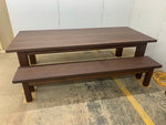 The Reilly Dark Chocolate Walnut Dining Table And Matching Bench With Wooden Legs Set - Brick Mill Furniture
