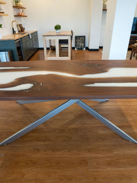 White Epoxy Dining Table with Diamond X-Shaped Legs