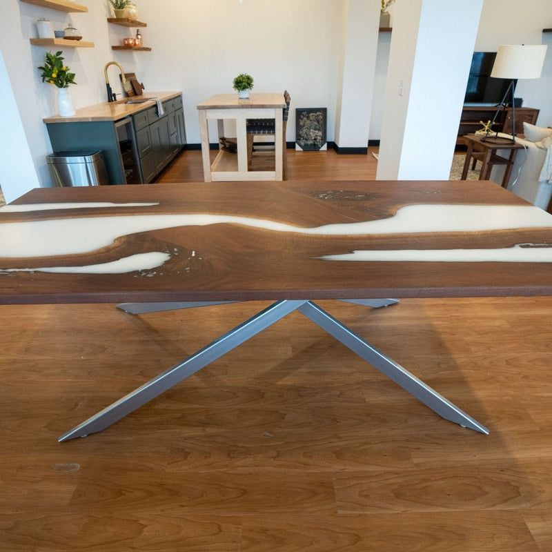 White Epoxy Dining Table with Diamond X-Shaped Legs - Brick Mill Furniture